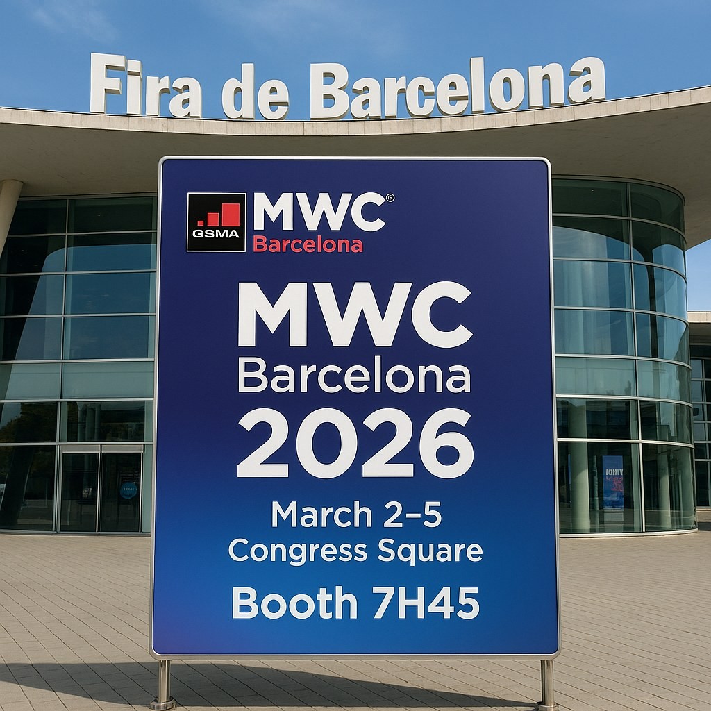 巴塞罗那会展中心的MWC Barcelona 2026标志：3月2日至5日，Congress Square，展位7H45